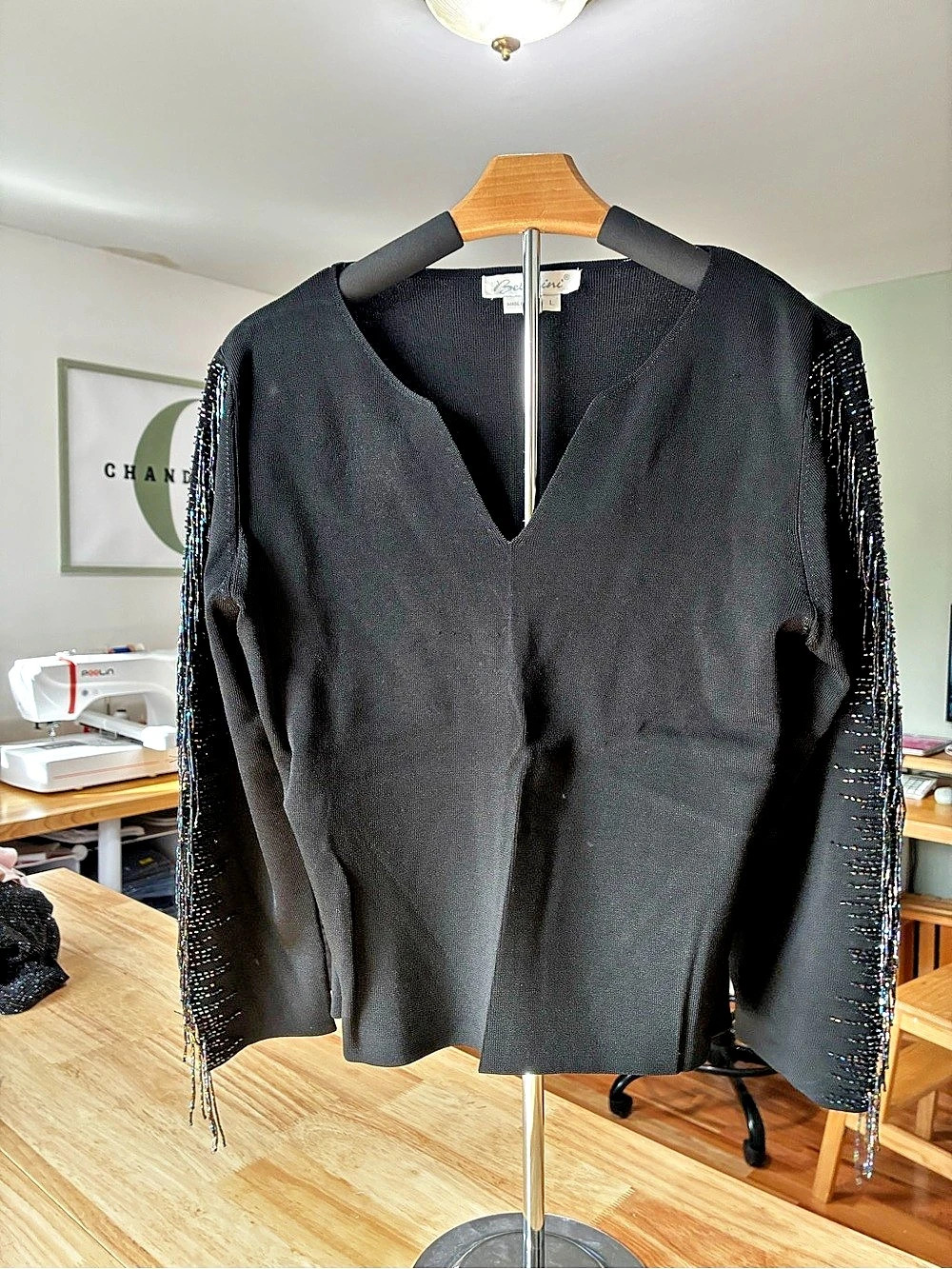 Bellatrix Beaded Sleeve Sweater in Black Large Like New